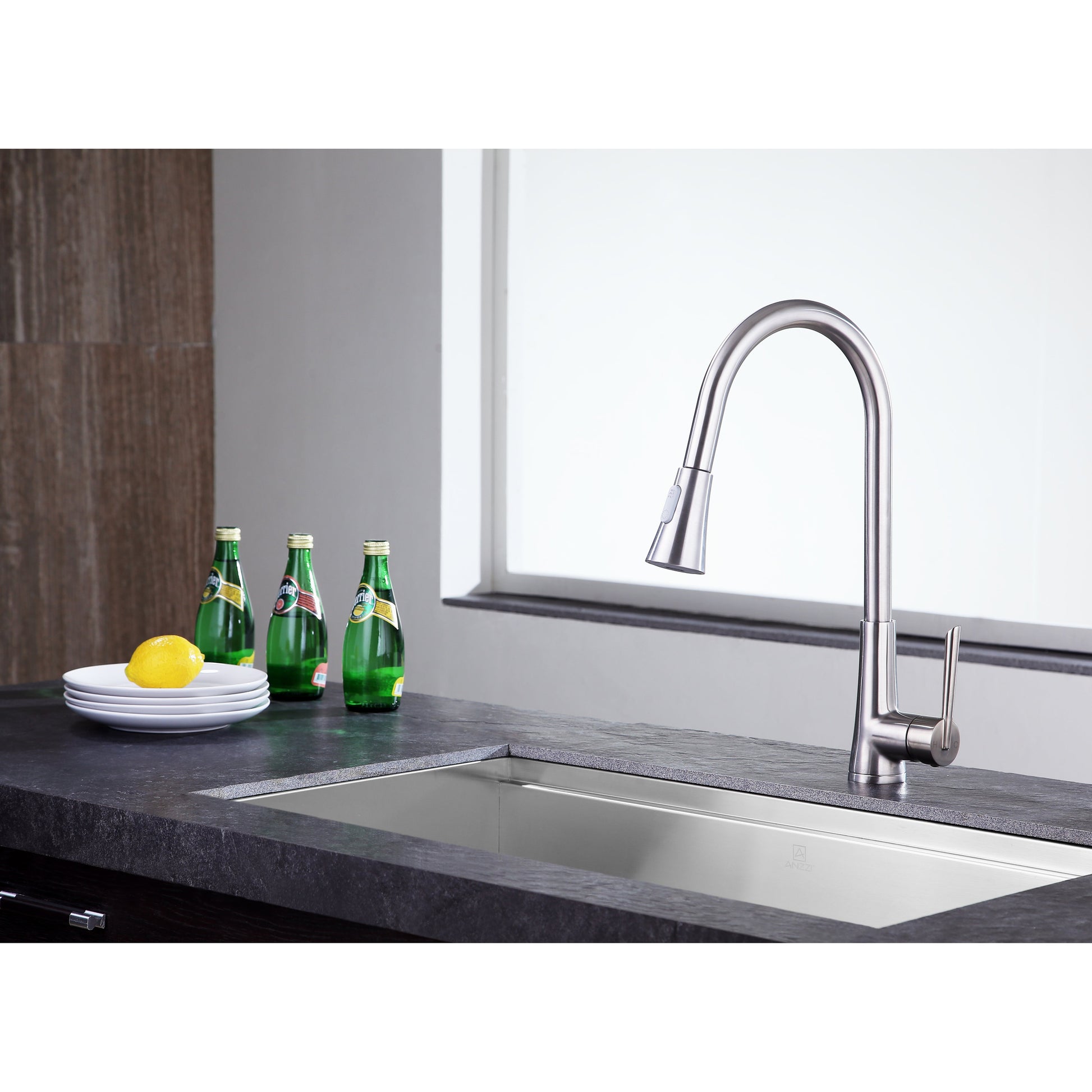 ANZZI Tulip Series Single Hole Brushed Nickel Kitchen Faucet With Euro-Grip Pull Down Sprayer