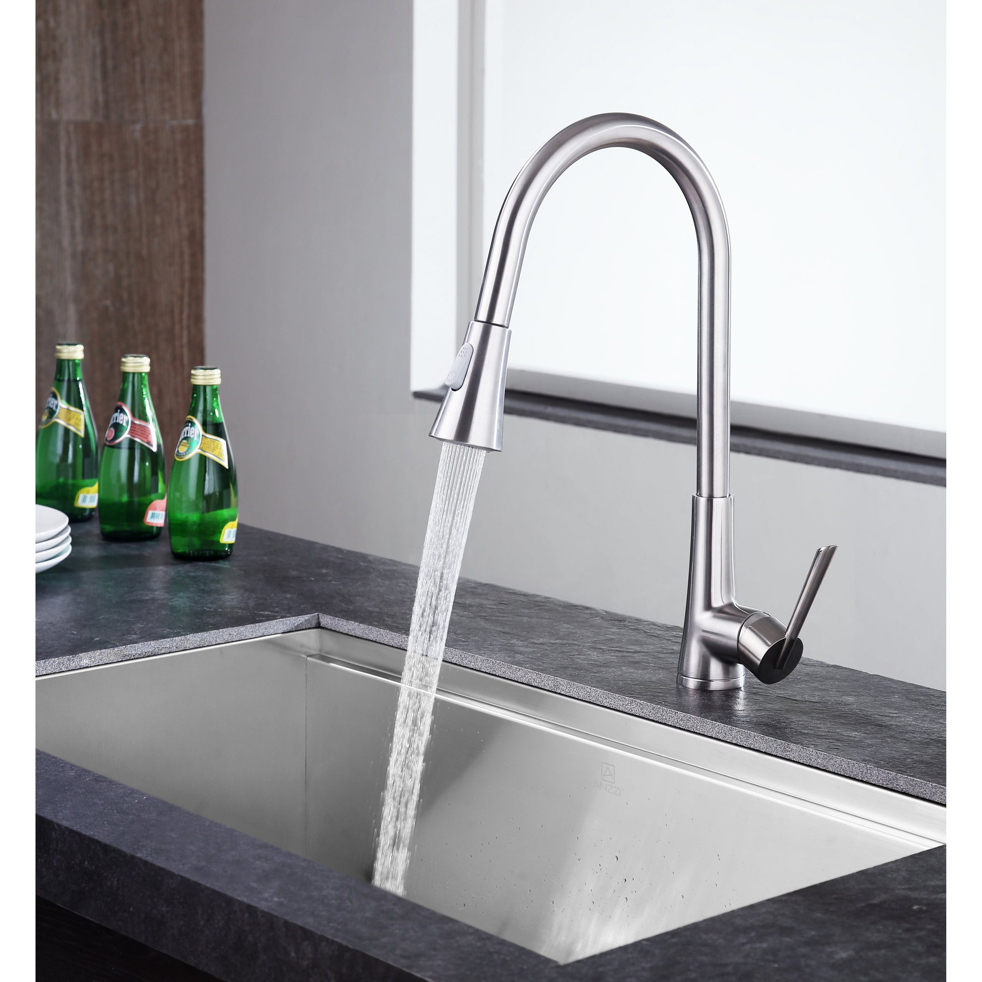 ANZZI Tulip Series Single Hole Brushed Nickel Kitchen Faucet With Euro-Grip Pull Down Sprayer