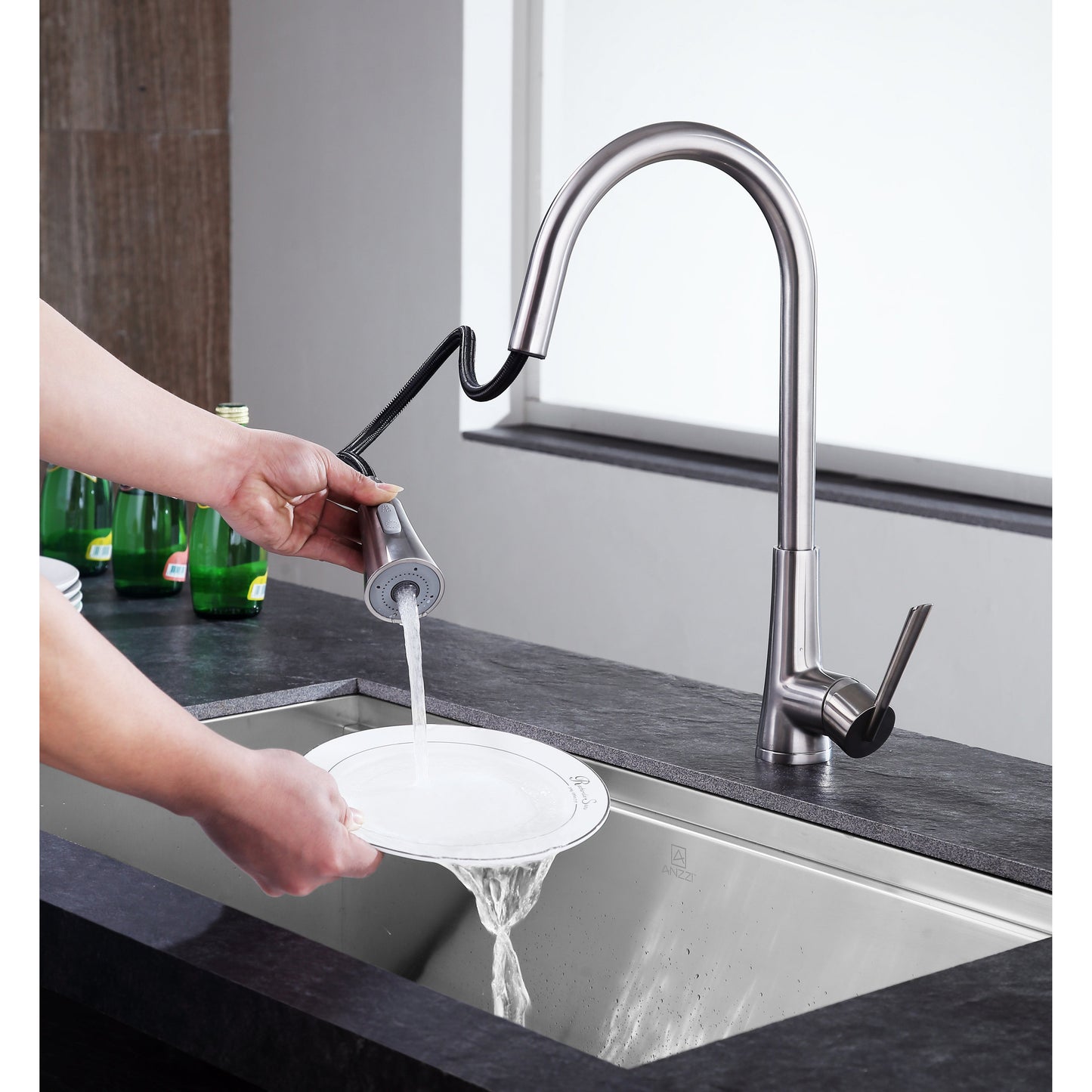 ANZZI Tulip Series Single Hole Brushed Nickel Kitchen Faucet With Euro-Grip Pull Down Sprayer