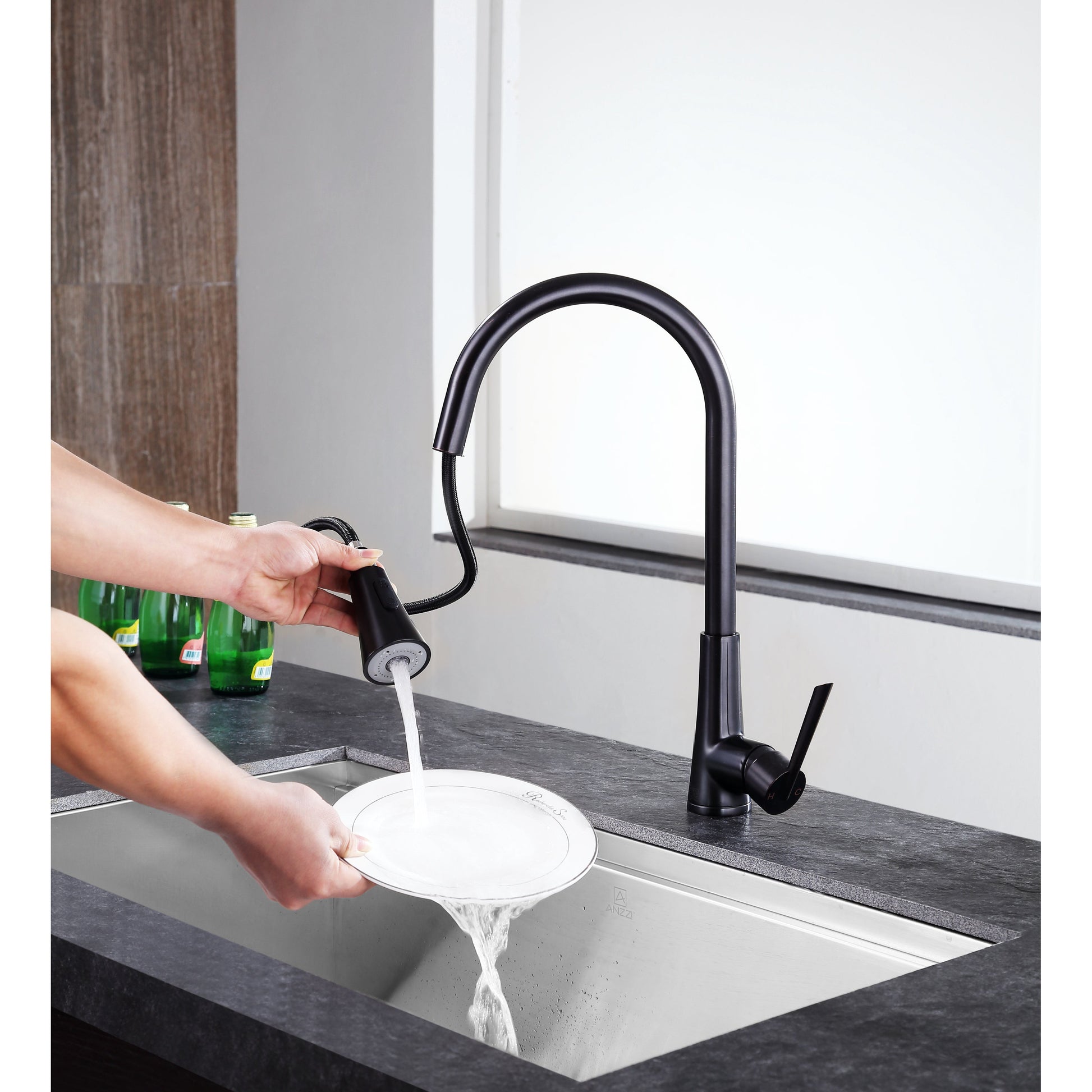 ANZZI Tulip Series Single Hole Oil Rubbed Bronze Kitchen Faucet With Euro-Grip Pull Down Sprayer