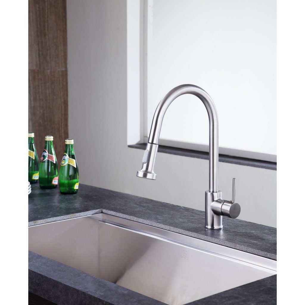 ANZZI Tycho Series Single Hole Brushed Nickel Kitchen Faucet With Euro-Grip Pull Down Sprayer