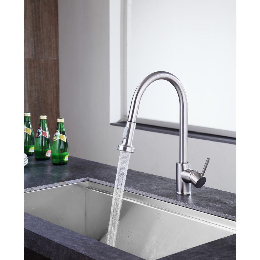 ANZZI Tycho Series Single Hole Brushed Nickel Kitchen Faucet With Euro-Grip Pull Down Sprayer