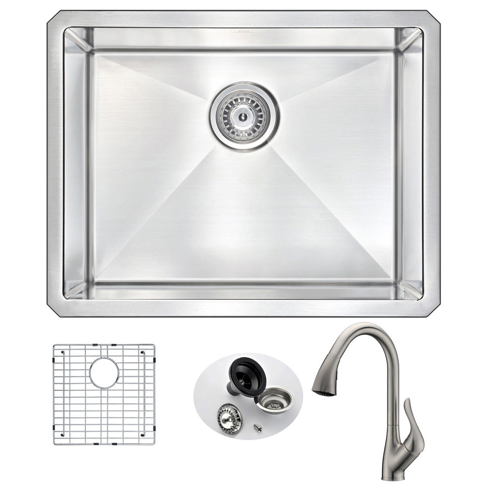 ANZZI Vanguard Series 23" Single Bowl Stainless Steel Undermount Kitchen Sink With Strainer and Brushed Nickel Accent Faucet