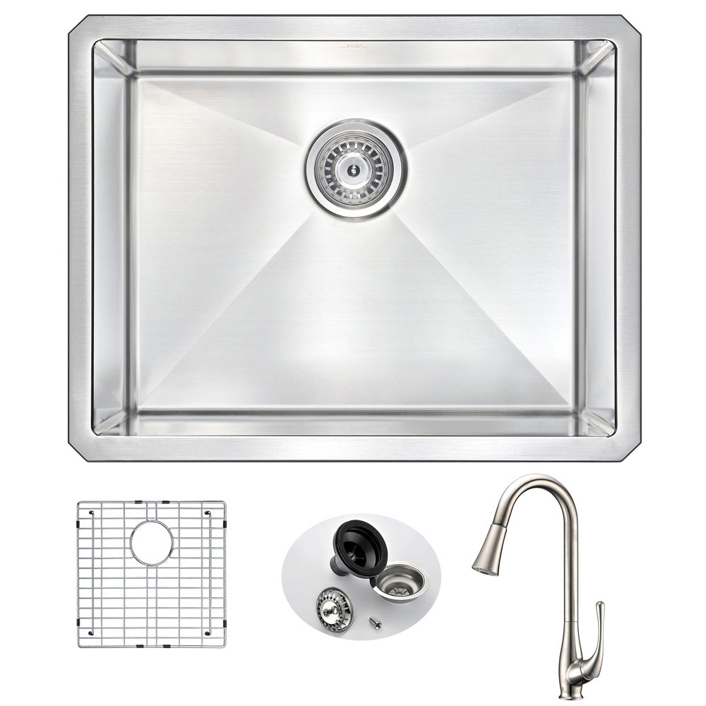 ANZZI Vanguard Series 23" Single Bowl Stainless Steel Undermount Kitchen Sink With Strainer and Brushed Nickel Audein Faucet