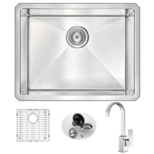 ANZZI Vanguard Series 23" Single Bowl Stainless Steel Undermount Kitchen Sink With Strainer and Brushed Nickel Opus Faucet