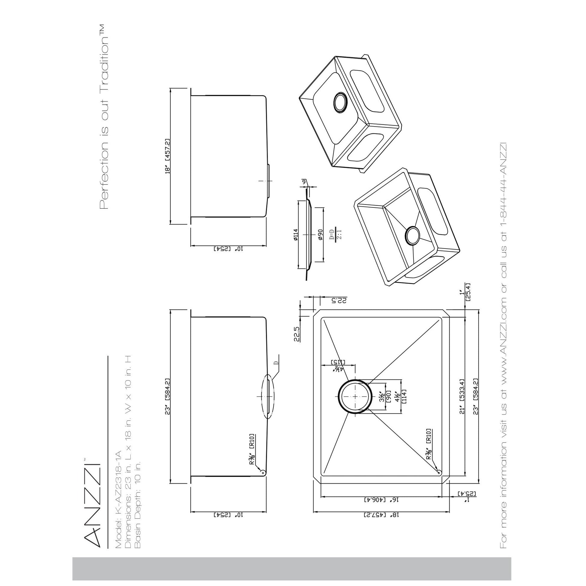 ANZZI Vanguard Series 23" Single Bowl Stainless Steel Undermount Kitchen Sink With Strainer and Drain Assembly