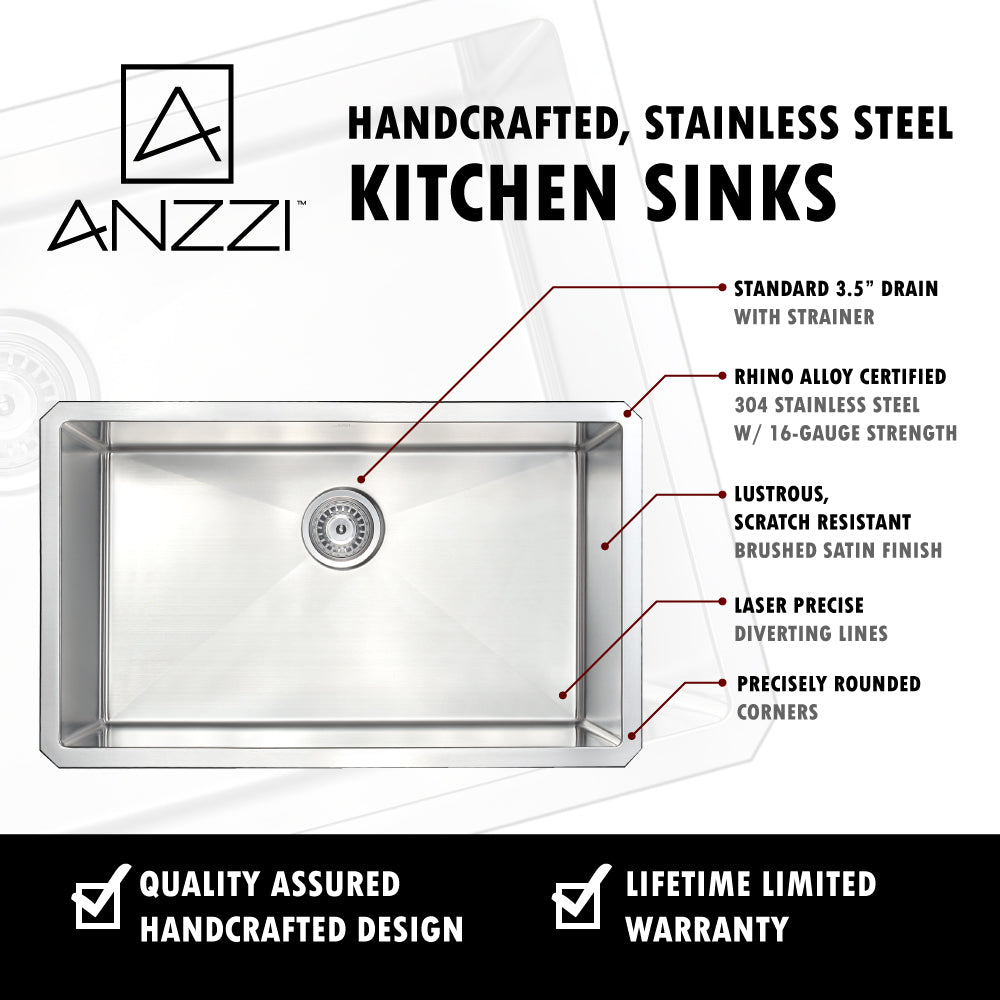 ANZZI Vanguard Series 23" Single Bowl Stainless Steel Undermount Kitchen Sink With Strainer and Drain Assembly