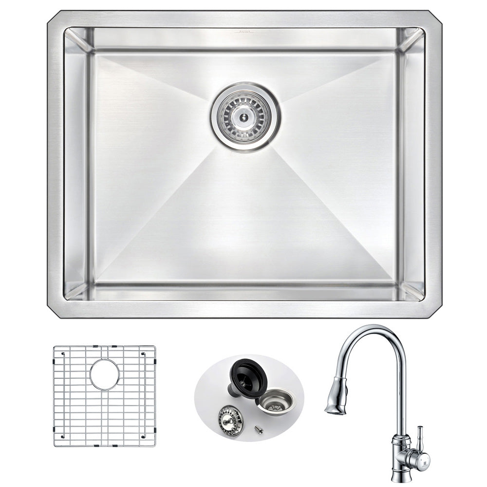 ANZZI Vanguard Series 23" Single Bowl Stainless Steel Undermount Kitchen Sink With Strainer and Polished Chrome Mend Faucet