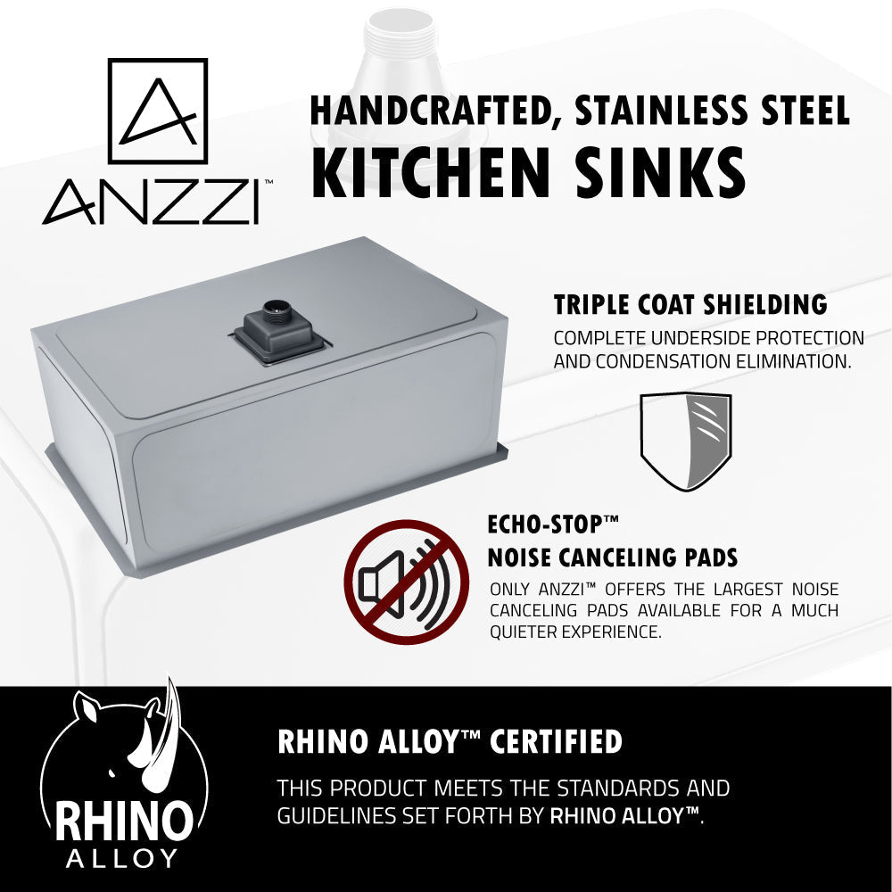 ANZZI Vanguard Series 30" Single Bowl Stainless Steel Brushed Satin Undermount Kitchen Sink With Strainer and Drain Assembly