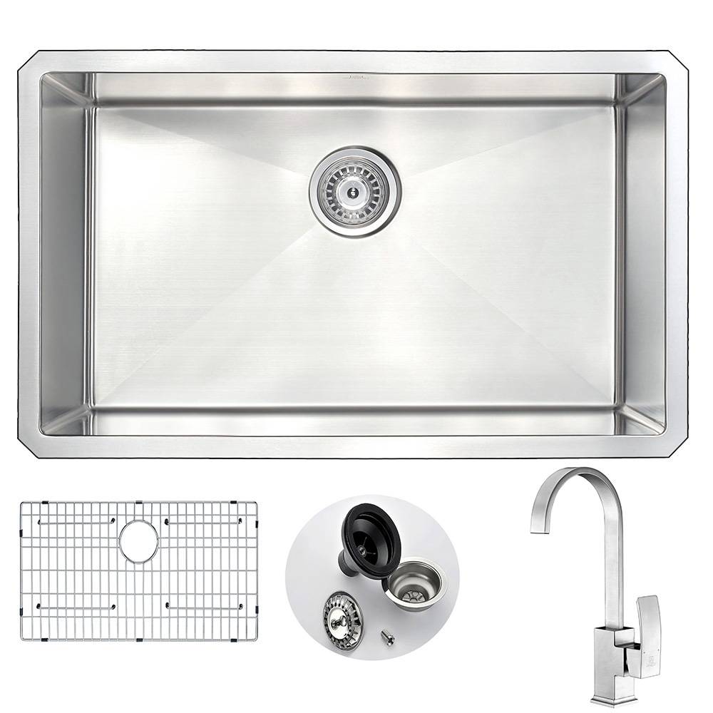 ANZZI Vanguard Series 30" Single Bowl Stainless Steel Undermount Kitchen Sink With Strainer and Brushed Nickel Opus Faucet