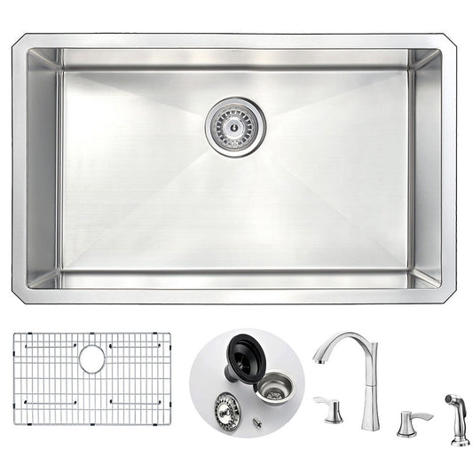 ANZZI Vanguard Series 30" Single Bowl Stainless Steel Undermount Kitchen Sink With Strainer and Brushed Nickel Soave Faucet