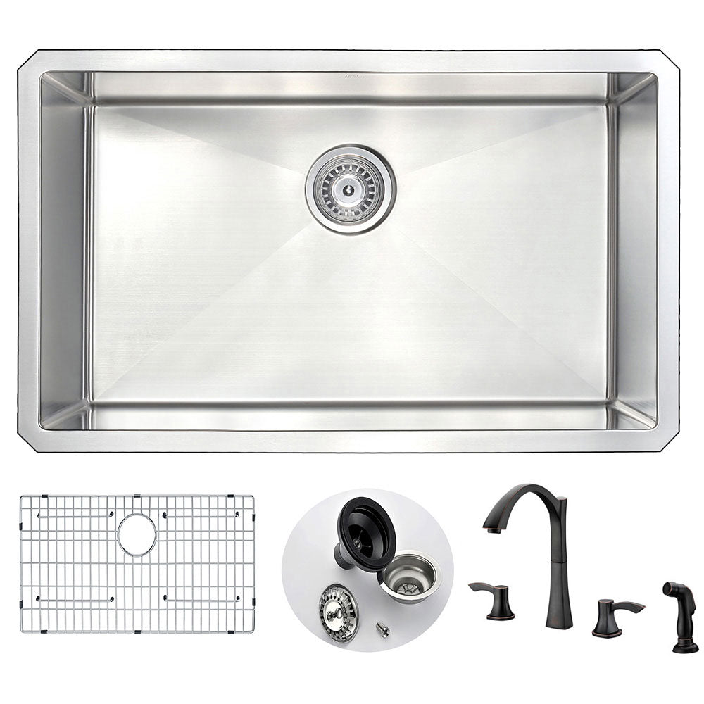 ANZZI Vanguard Series 30" Single Bowl Stainless Steel Undermount Kitchen Sink With Strainer and Oil Rubbed Bronze Soave Faucet