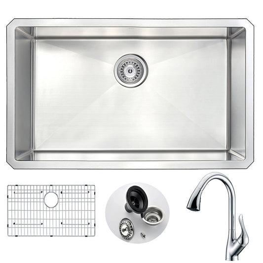 ANZZI Vanguard Series 30" Single Bowl Stainless Steel Undermount Kitchen Sink With Strainer and Polished Chrome Accent Faucet