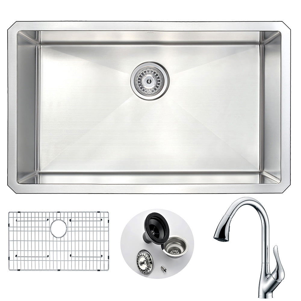 ANZZI Vanguard Series 30" Single Bowl Stainless Steel Undermount Kitchen Sink With Strainer and Polished Chrome Accent Faucet