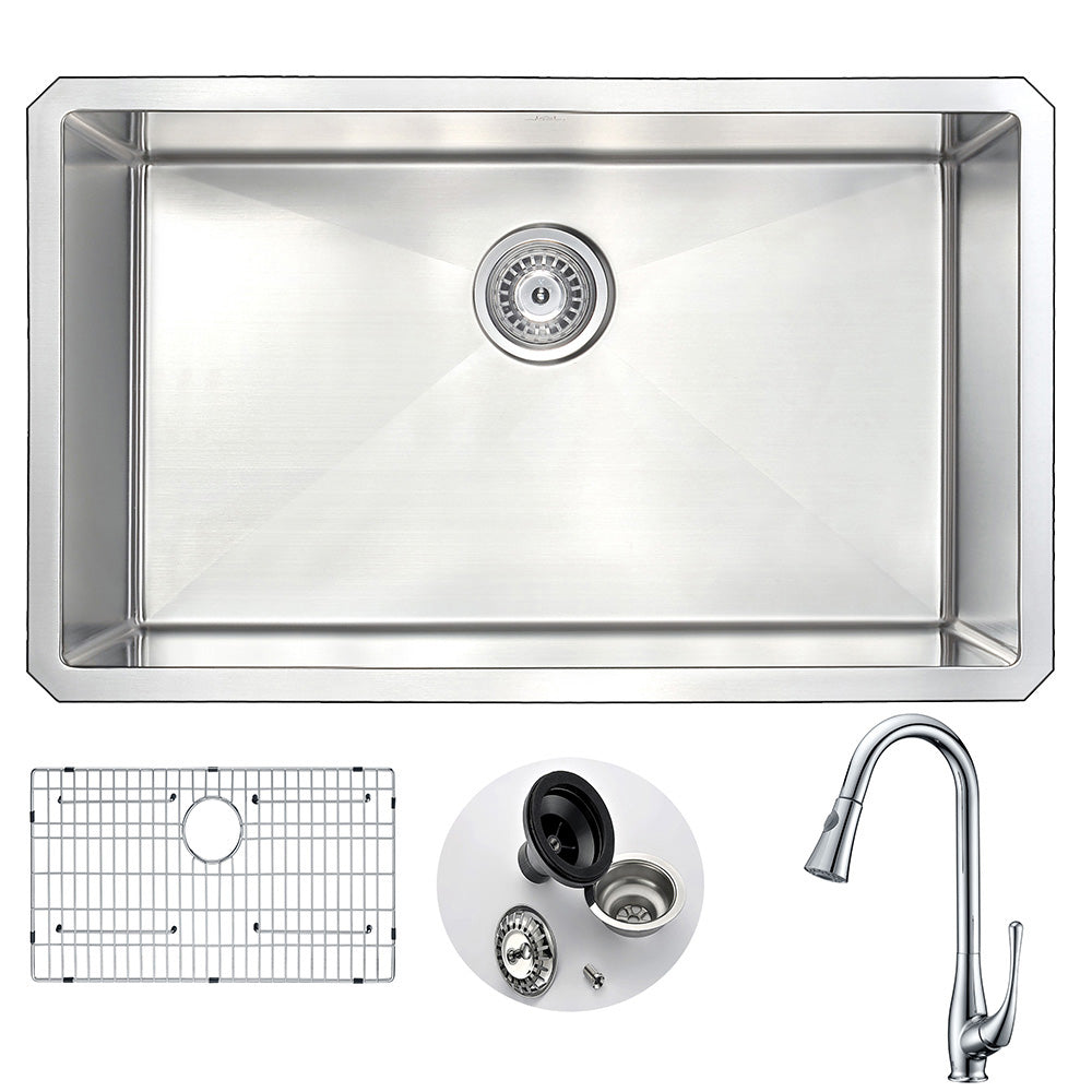 ANZZI Vanguard Series 30" Single Bowl Stainless Steel Undermount Kitchen Sink With Strainer and Polished Chrome Audein Faucet