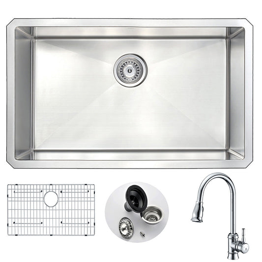 ANZZI Vanguard Series 30" Single Bowl Stainless Steel Undermount Kitchen Sink With Strainer and Polished Chrome Mend Faucet