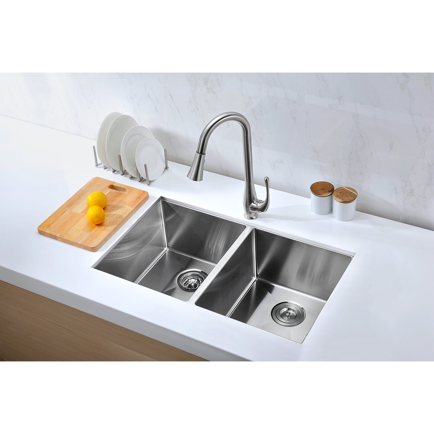 ANZZI Vanguard Series 32" Double Bowl 50/50 Stainless Steel Undermount Kitchen Sink With Strainer and Drain Assembly