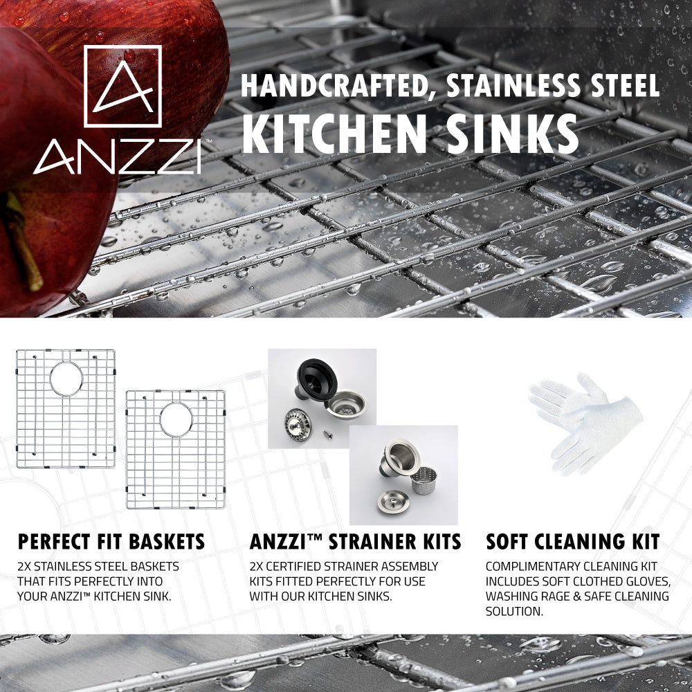 ANZZI Vanguard Series 32" Double Bowl 50/50 Stainless Steel Undermount Kitchen Sink With Strainer and Polished Chrome Singer Faucet