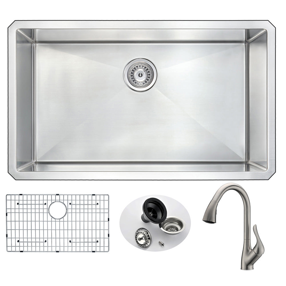 ANZZI Vanguard Series 32" Single Bowl Stainless Steel Undermount Kitchen Sink With Strainer, Drain Assembly and Brushed Nickel Accent Faucet