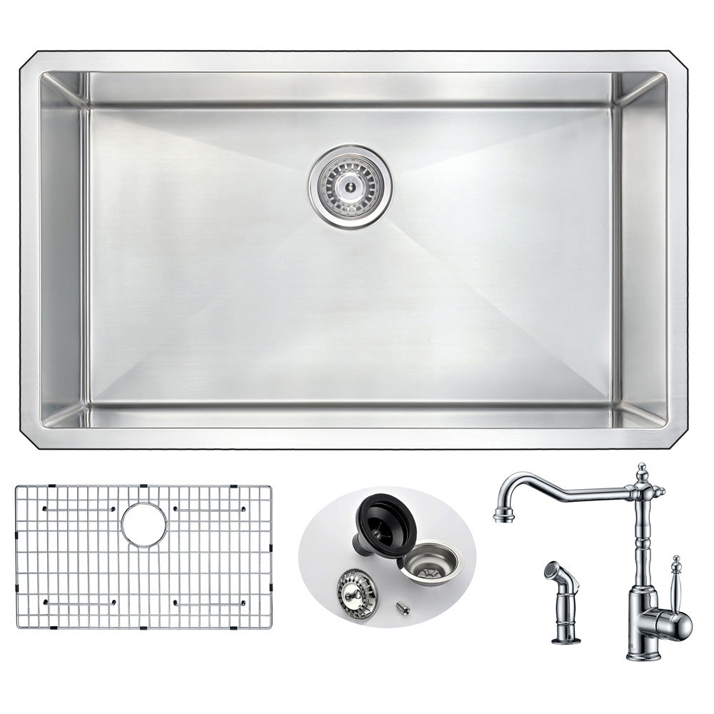 ANZZI Vanguard Series 32" Single Bowl Stainless Steel Undermount Kitchen Sink With Strainer, Drain Assembly and Polished Chrome Winston Faucet