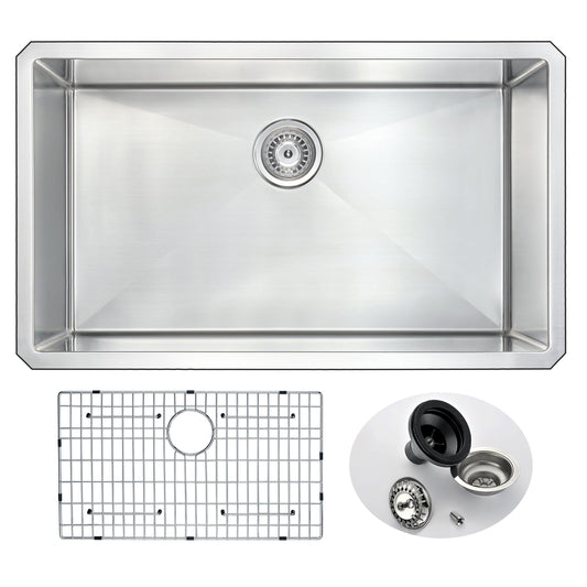ANZZI Vanguard Series 32" Single Bowl Stainless Steel Undermount Kitchen Sink With Strainer and Drain Assembly