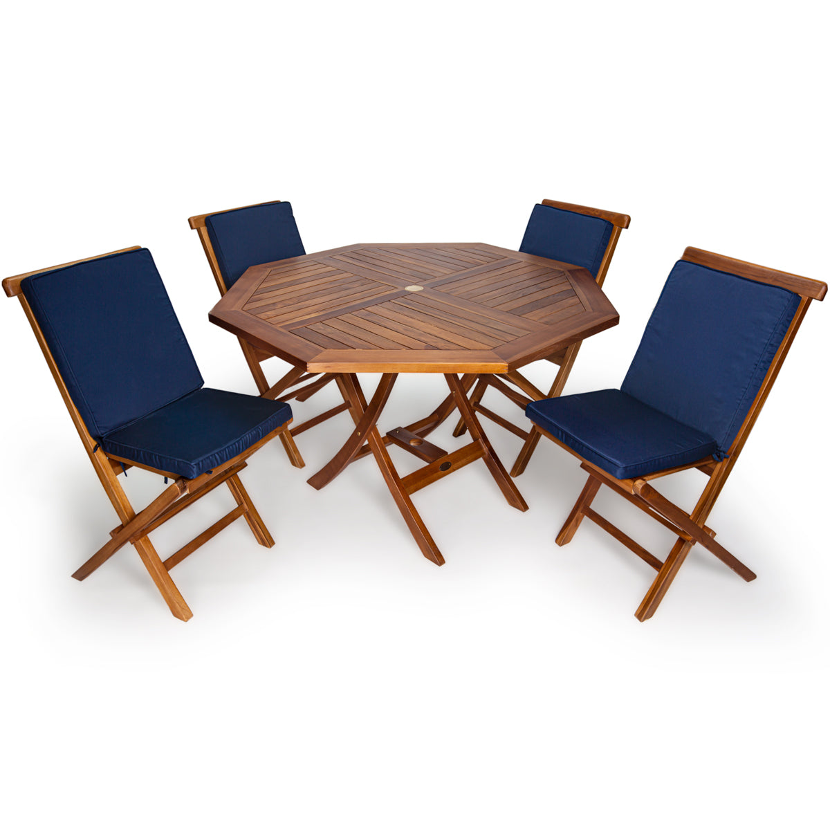 All Things Cedar 4ft 5-Piece Teak Octagon Folding Table Set with Blue Cushions