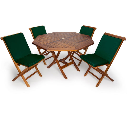 All Things Cedar 4ft 5-Piece Teak Octagon Folding Table Set with Green Cushions