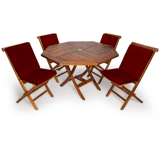 All Things Cedar 4ft 5-Piece Teak Octagon Folding Table Set with Red Cushions
