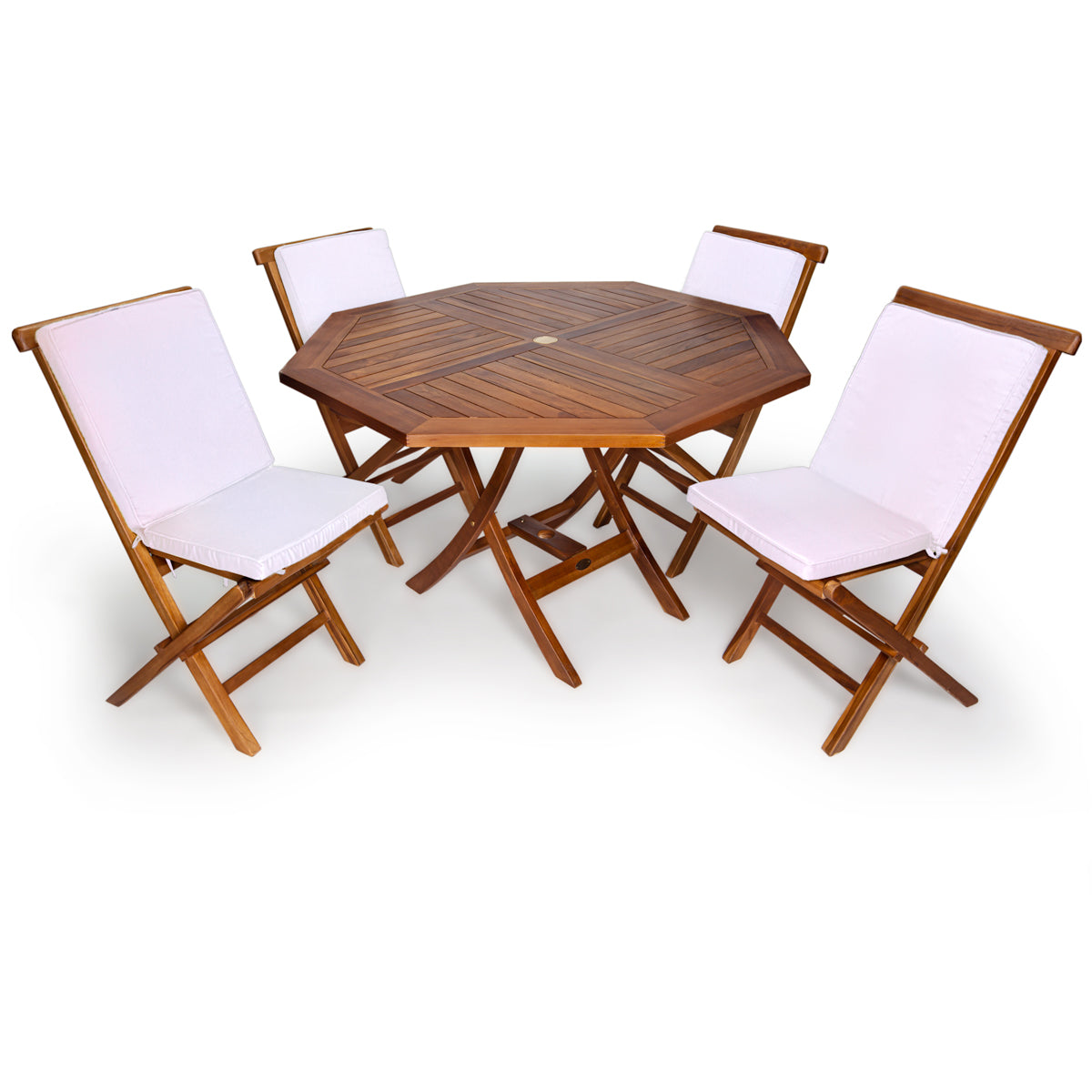 All Things Cedar 4ft 5-Piece Teak Octagon Folding Table Set with Royal White Cushions