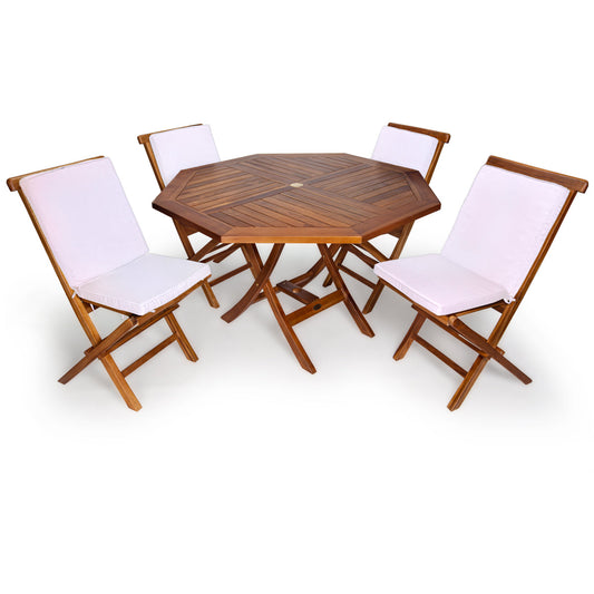 All Things Cedar 4ft 5-Piece Teak Octagon Folding Table Set with Royal White Cushions