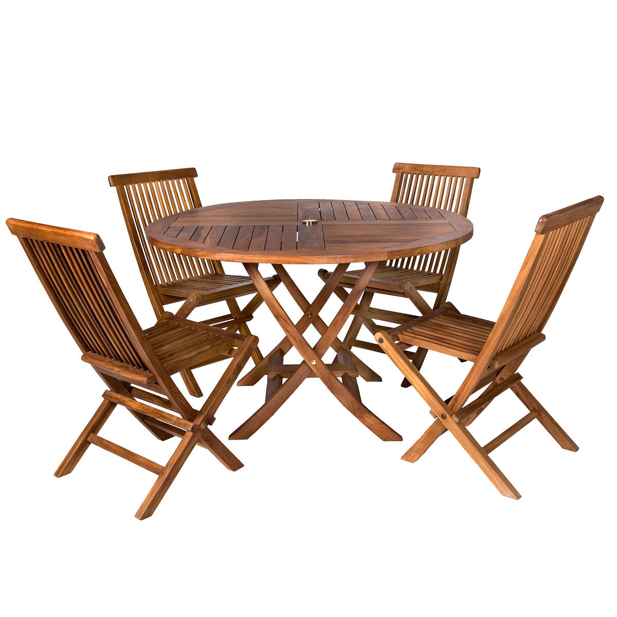All Things Cedar 4ft 5-Piece Teak Round Folding Table Set Folding Chair Set