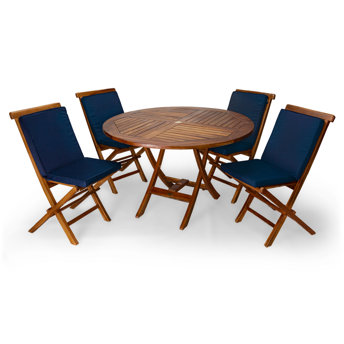 All Things Cedar 4ft 5-Piece Teak Round Folding Table Set with Blue Cushions