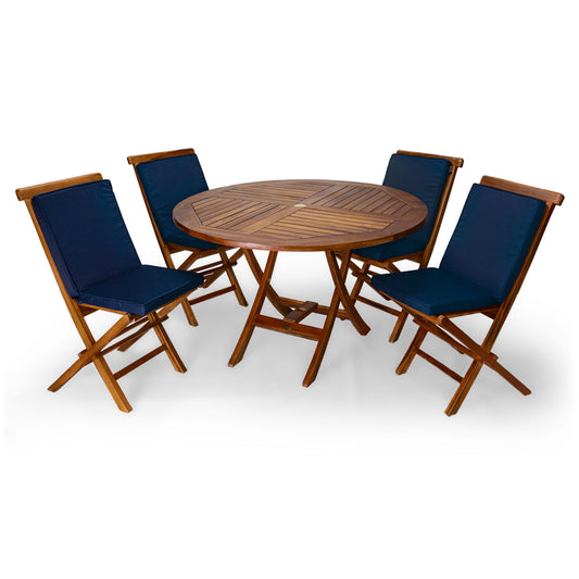 All Things Cedar 4ft 5-Piece Teak Round Folding Table Set with Blue Cushions