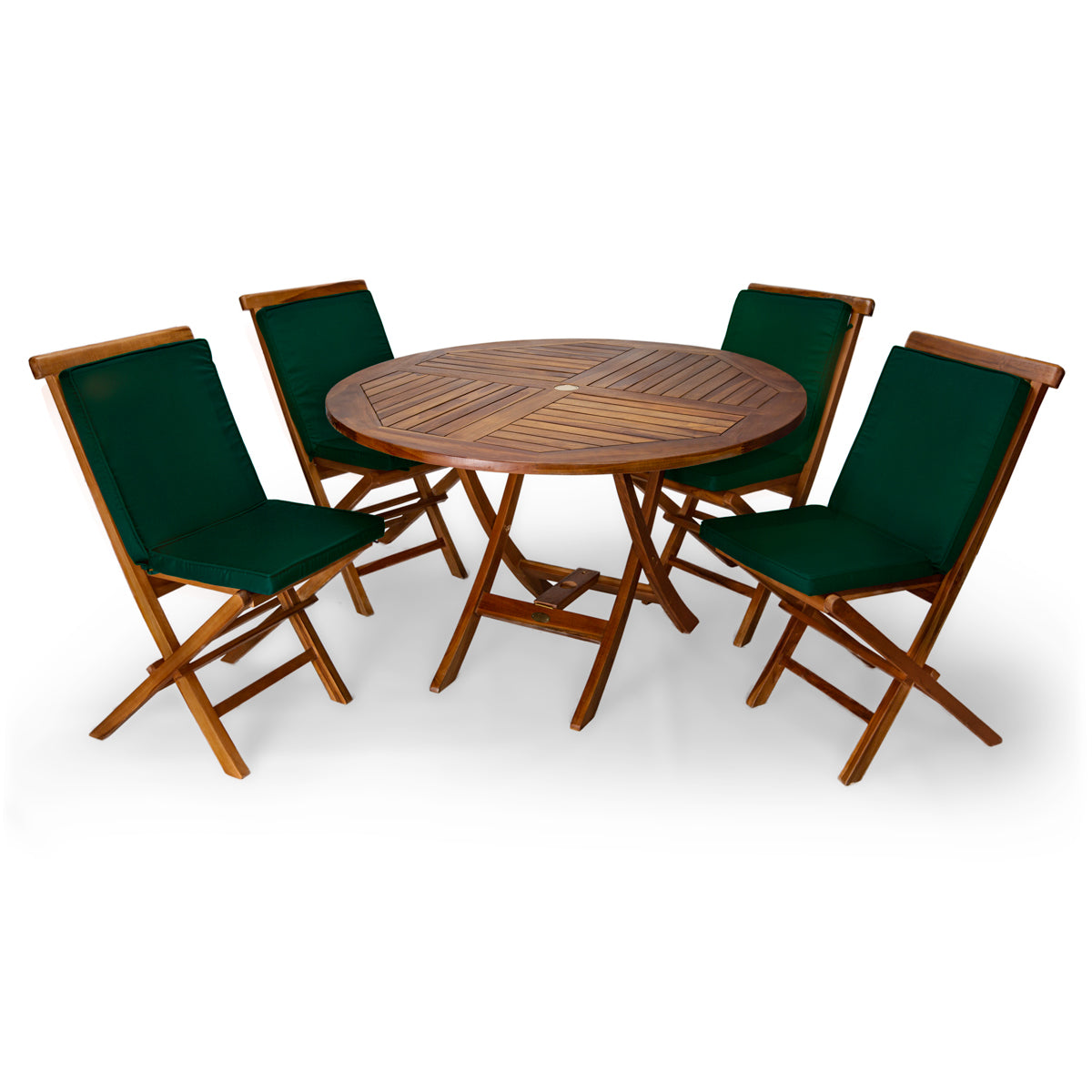 All Things Cedar 4ft 5-Piece Teak Round Folding Table Set with Green Cushions