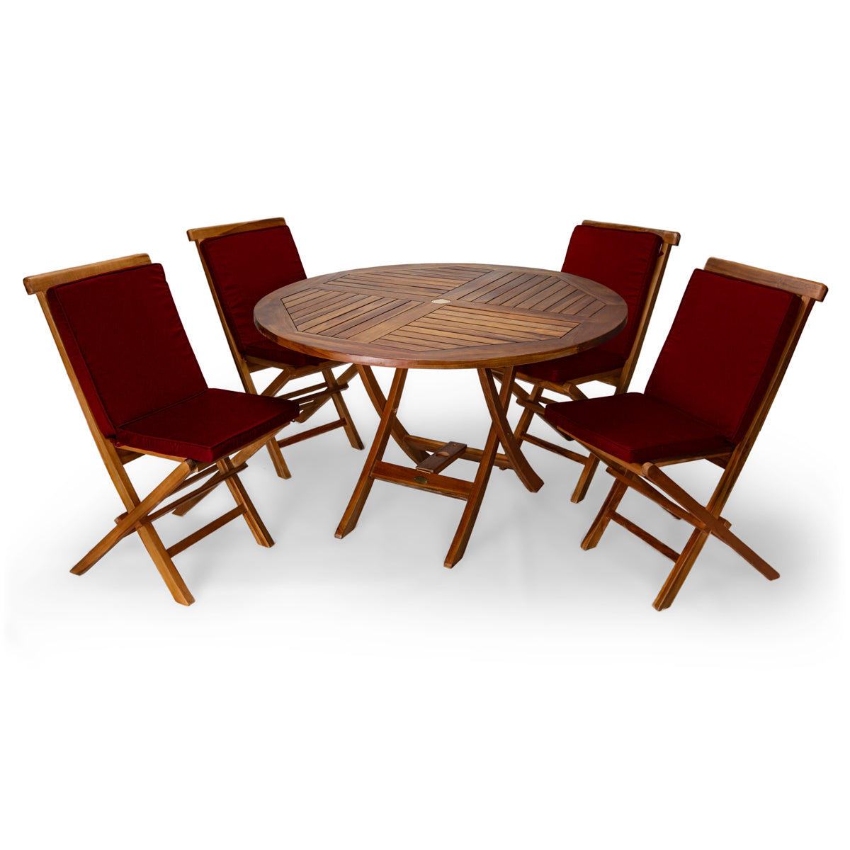 All Things Cedar 4ft 5-Piece Teak Round Folding Table Set with Red Cushions