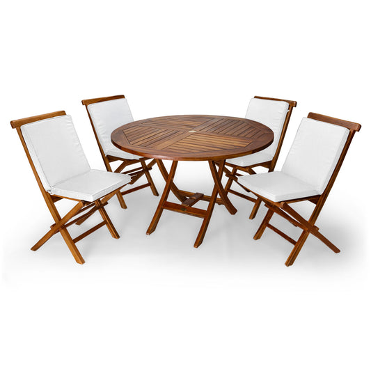 All Things Cedar 4ft 5-Piece Teak Round Folding Table Set with White Cushions
