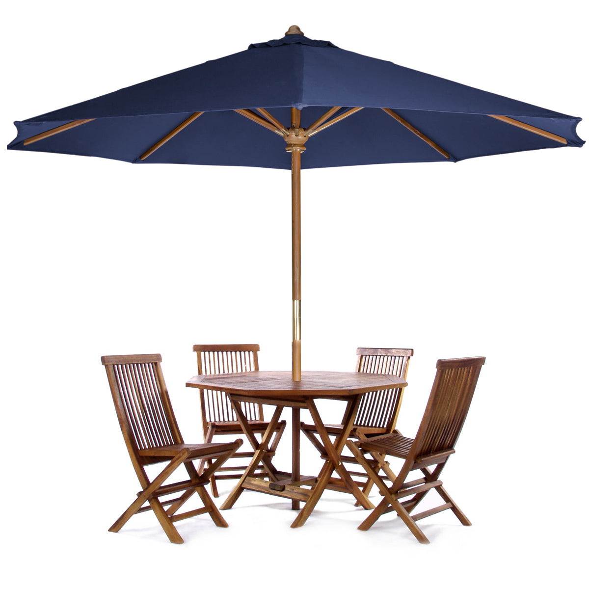 All Things Cedar 4ft 6-Piece Teak Octagon Folding Table Set with Blue Umbrella