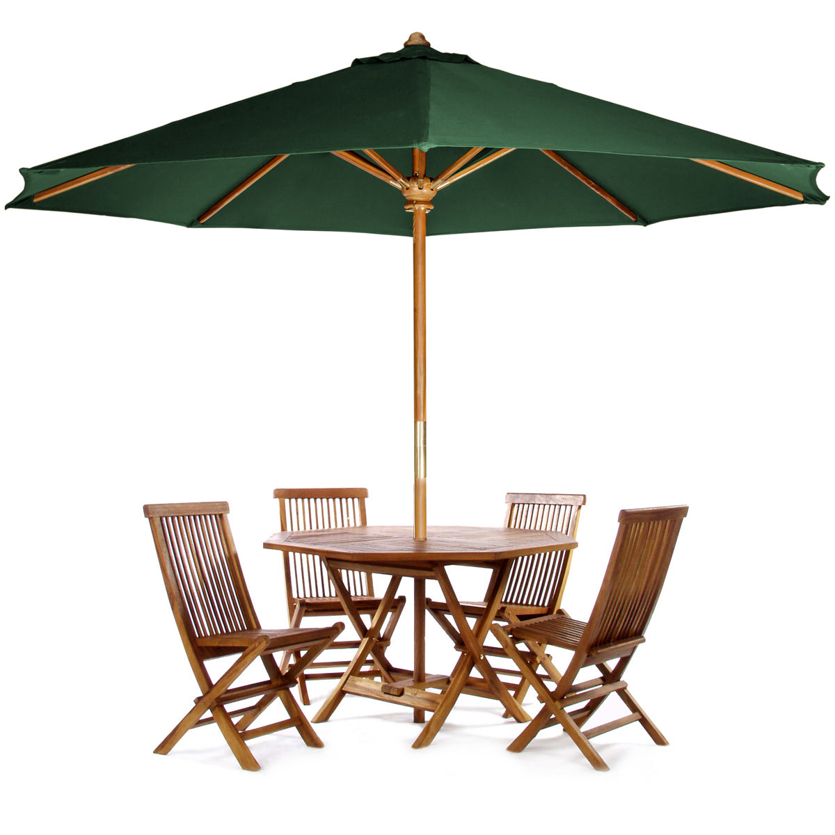 All Things Cedar 4ft 6-Piece Teak Octagon Folding Table Set with Green Umbrella