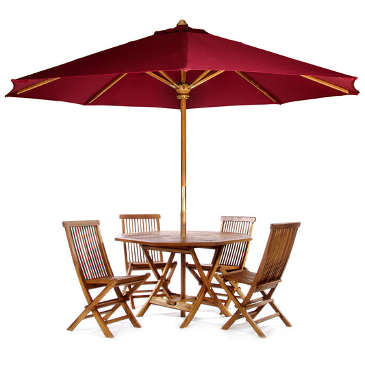 All Things Cedar 4ft 6-Piece Teak Octagon Folding Table Set with Red Umbrella