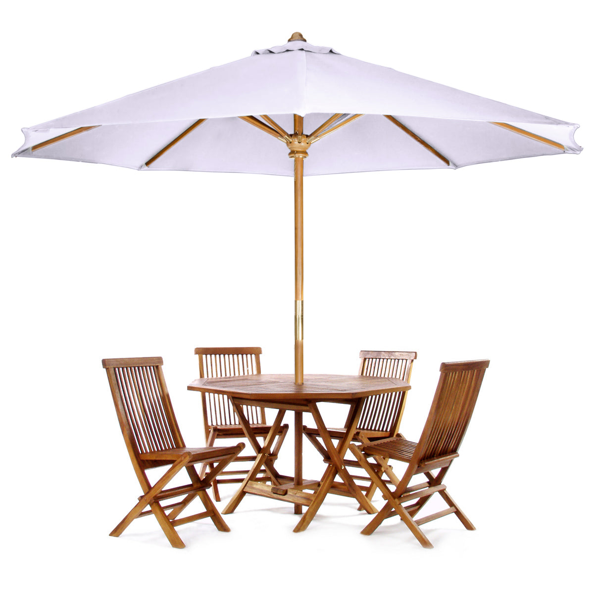All Things Cedar 4ft 6-Piece Teak Octagon Folding Table Set with Royal White Umbrella