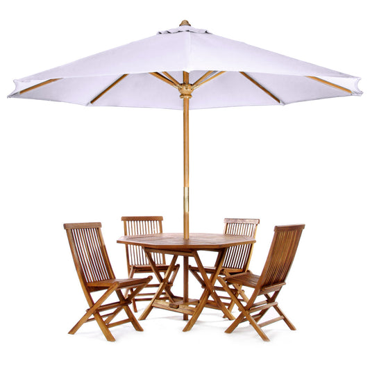 All Things Cedar 4ft 6-Piece Teak Octagon Folding Table Set with Royal White Umbrella