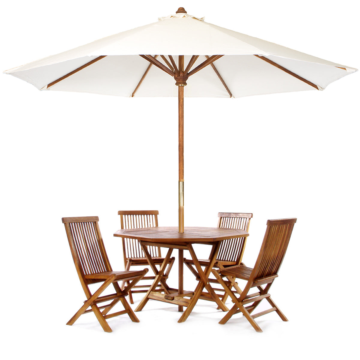 All Things Cedar 4ft 6-Piece Teak Octagon Folding Table Set with White Umbrella