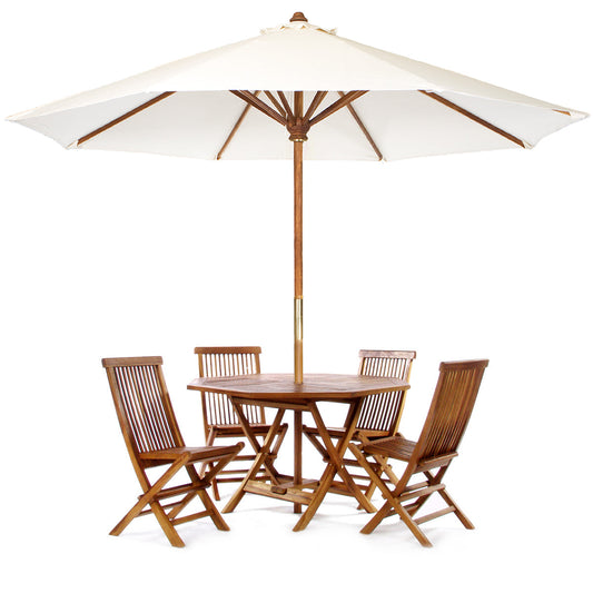 All Things Cedar 4ft 6-Piece Teak Octagon Folding Table Set with White Umbrella