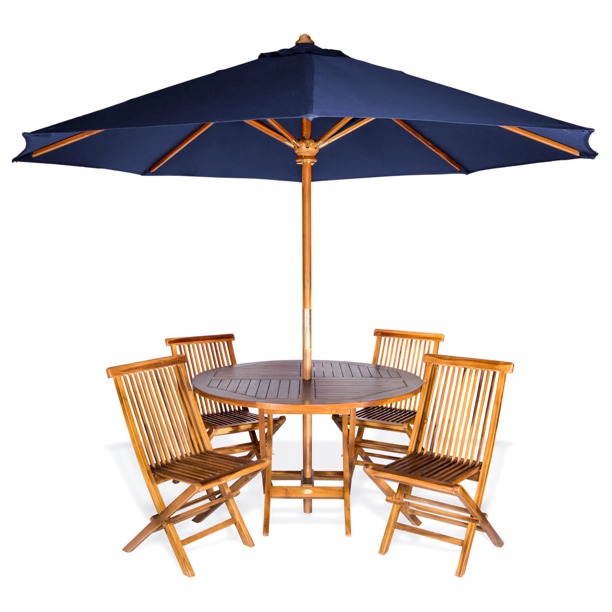All Things Cedar 4ft 6-Piece Teak Round Folding Table Set with Blue Umbrella