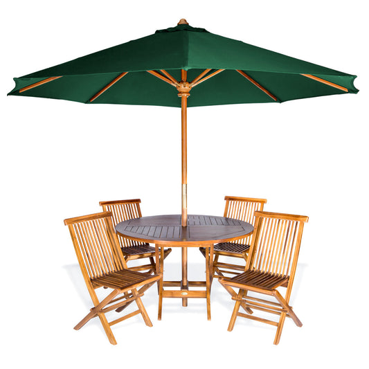 All Things Cedar 4ft 6-Piece Teak Round Folding Table Set with Green Umbrella