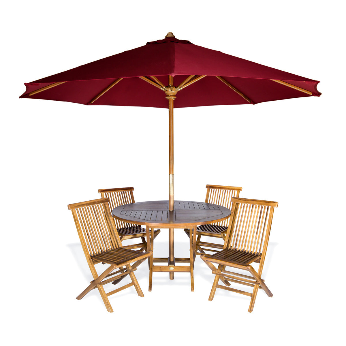 All Things Cedar 4ft 6-Piece Teak Round Folding Table Set with Red Umbrella