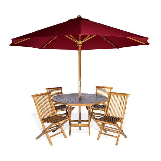 All Things Cedar 4ft 6-Piece Teak Round Folding Table Set with Red Umbrella