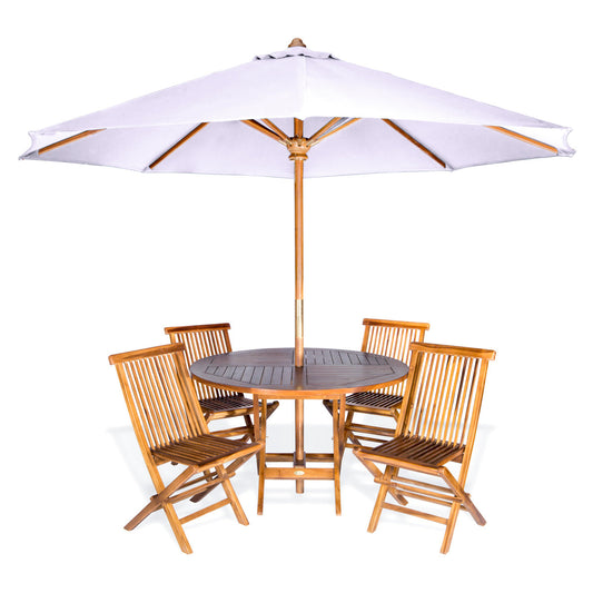 All Things Cedar 4ft 6-Piece Teak Round Folding Table Set with Royal White Umbrella