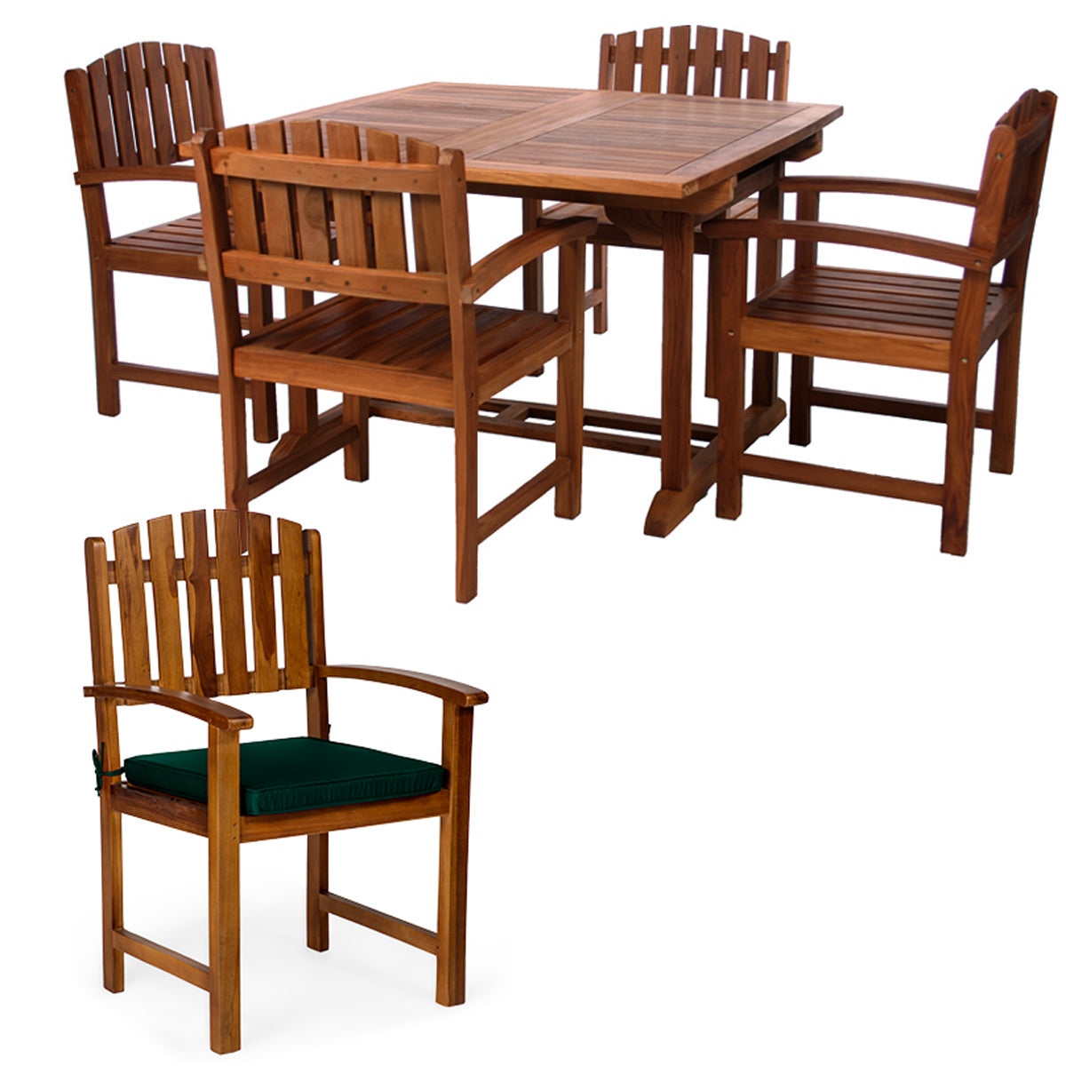 All Things Cedar 5-Piece Butterfly Extension Table Dining Chair Set with Green Cushions