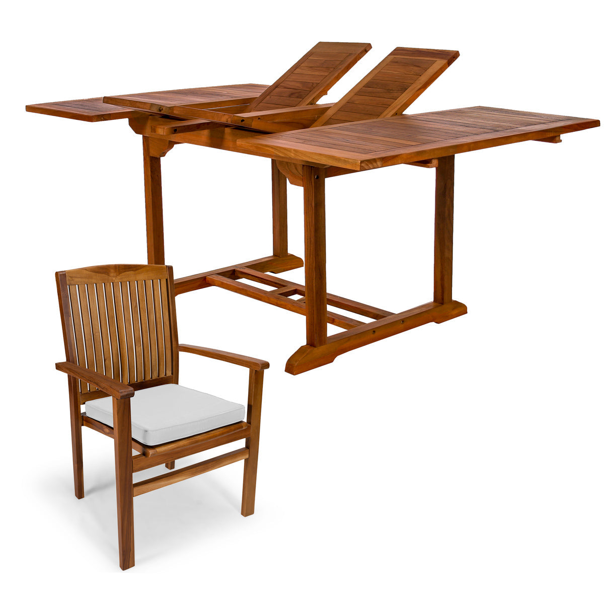 All Things Cedar 5-Piece Butterfly Extension Table Stacking Chair Set with White Cushions